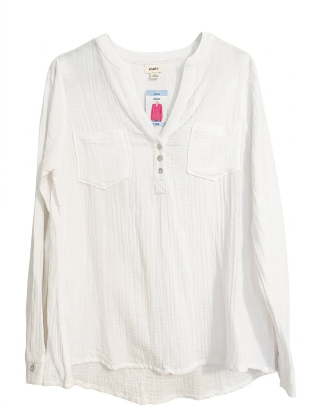 Mote Gauzy Henley Shirt Size: L White Long Sleeve V-Neck Cotton NWT
